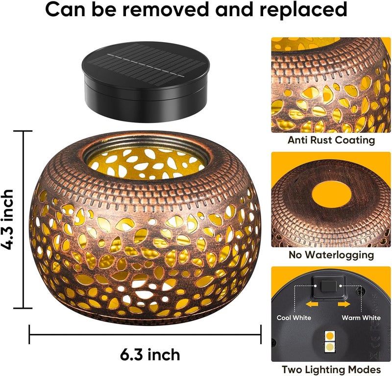 NFEVER Solar Lanterns Outdoor Waterproof Decor: 2 Pack Red Copper Hollow Out Retro Metal Solar Lights - Unique Gardening Gifts for Women Mom - Outside Patio Porch Yard Tabletop Decorations 2 Lighting Modes - Image 2